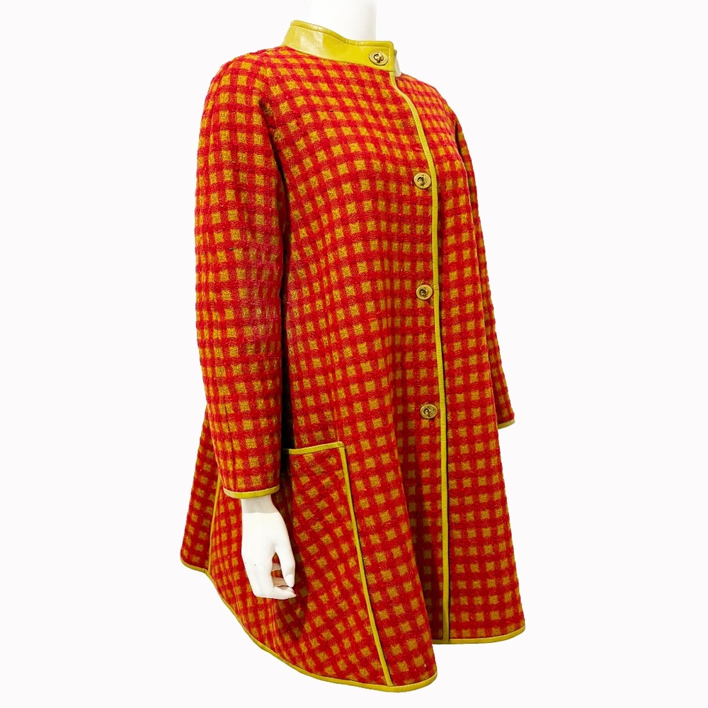 Bonnie Cashin for Sills Coat Large Pocket Pink Check Wool Lime Leather Trim 60s
